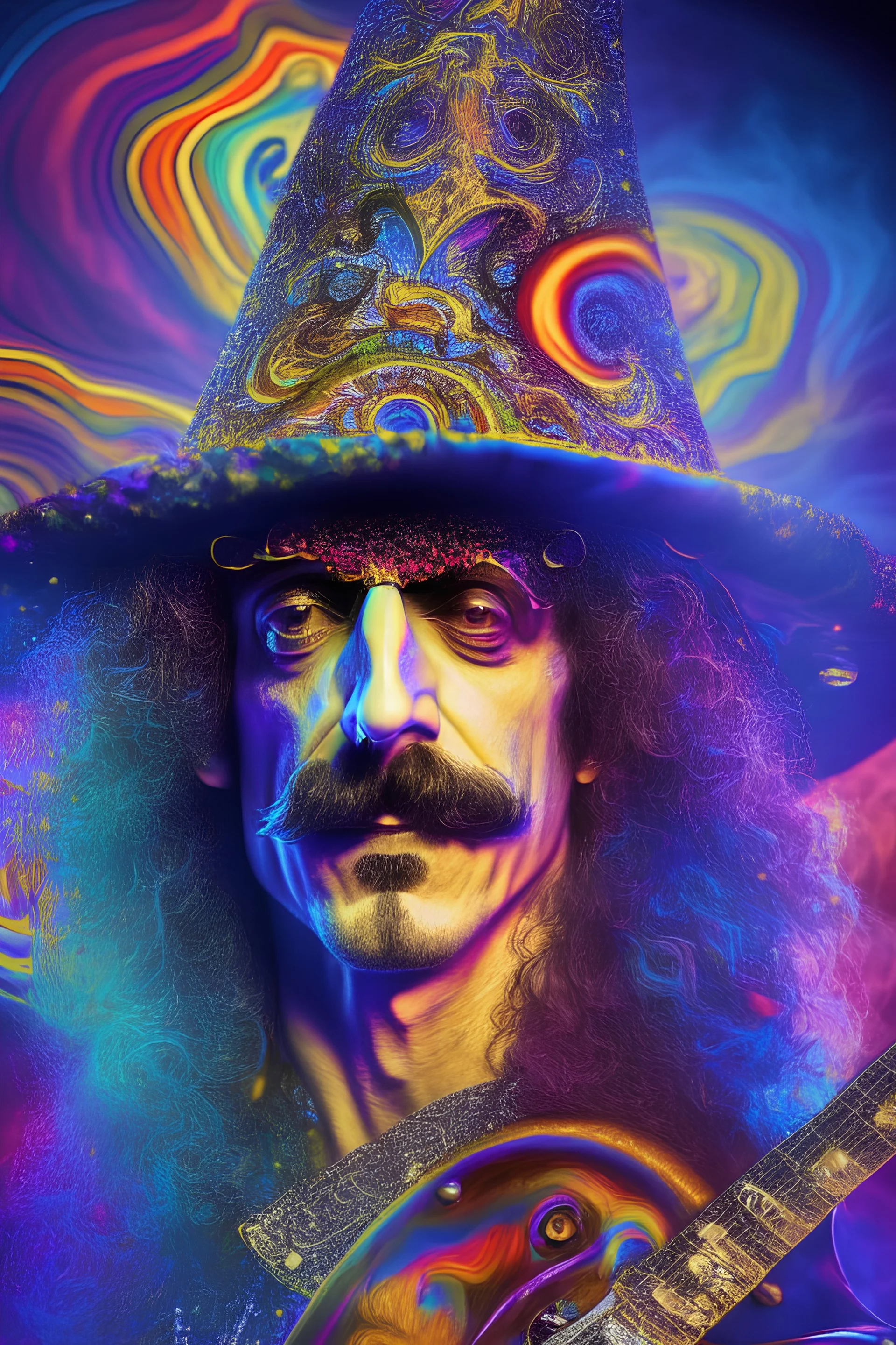 Psychedelic motif, in the style of Salvador Dali, Frank Zappa as a wizard with pointy hat and electric guitar, HD 4K, scientific detail, photo-realistic with accurate face and features, cinematic volumetric lighting