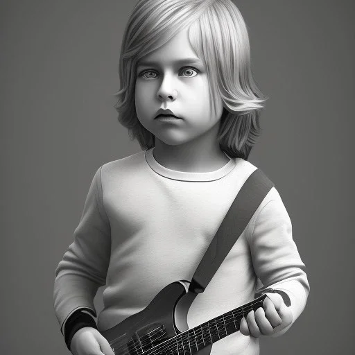 Mystery Kurt cobain toddler, full body, guitar, dramatique, art background, dramatic lighting, volumetric lighting, hyperrealisme, 8k, high quality, lot of details, fit within portrait