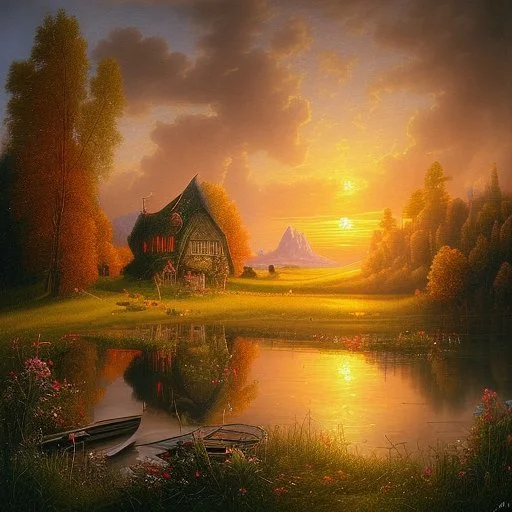 An exquisite oil painting capturing a dreamlike paradise, with a charming little farmhouse nestled by a calm lake. The farmhouse, with its rustic appeal, contrasts against the serene water, surrounded by a lush, verdant forest and rolling hills. The background unfolds into a dramatic landscape, featuring towering mountains and a stunning sunset sky that casts warm, vibrant hues across the scene. The artist's mastery is evident in the seamless blend of traditional oil painting techniques with the