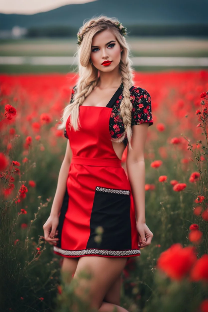 Beautiful russian girl, blonde hair, bold lipstick, flower field, braided bangs, braided bobcut, solo, apron,thick thighs, side-tie panties, black hair, 18yo,(on back:1.2) ,red dress, portrait