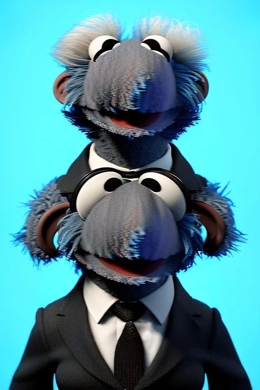 Waist up muppet Portrait, Vladimir Putin as muppet doll, Black suit, photo studio, blue background, unreal engine 5, concept art, art station, god lights, ray tracing, RTX, lumen lighting, ultra detail, volumetric lighting, 3d.