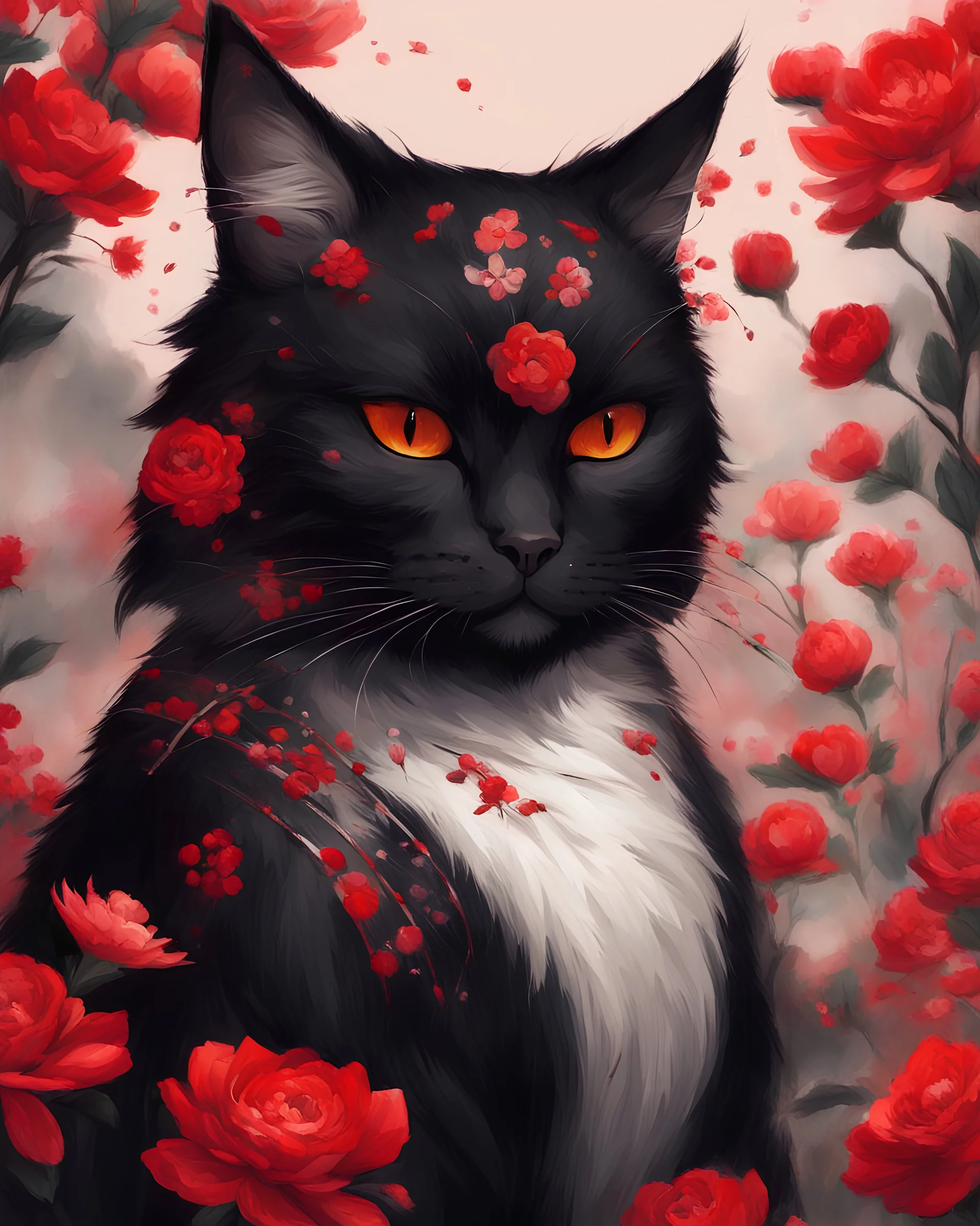 gato guerreiro chines antigo vermelho e preto com flores