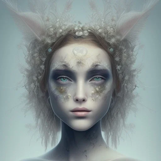 Portrait of beautiful girl, face dept of field,face shining, plant, metal, feathers,central weight average, CWA Dryad, fae, sidhe, ominous, nature, plants, wildflower sparkle,wildflower 3d view, facepaint, dnd character portrait, intricate, oil on canvas, masterpiece, expert, insanely detailed, 4k resolution, retroanime style, cute big circular reflective eyes, cinematic smooth, intricate detail , soft smooth lighting, soft pastel colors, painted Renaissance style,sharp fucus, bokeh,macro lens,