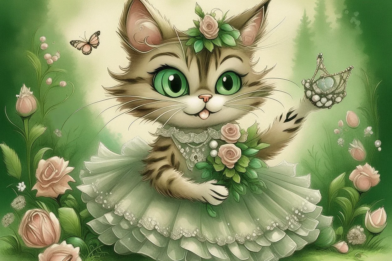 an anthropomorphic, kitten bride happily throwing a bouquet in a beautiful garden. The kitten has fluffy fur in shades of light brown and grey with distinct tabby markings on its face. Its large, expressive eyes are a deep emerald green and it has a small, pink nose. The kitten is wearing embroidered white lace bride dress, tulle, gemstones, pearls, adorning the hem and bodice. Behind her, a celebrating crowd, cats and people dressed in elegant clothes, wedding food and cake on the tables. Behin