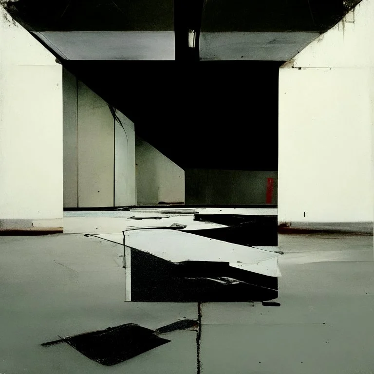 Minimal contemporary abstract oil paintings of a dirty desolate 1960s carpark with road markings and concrete fragments. style of Justin Mortimer and Francis Bacon.