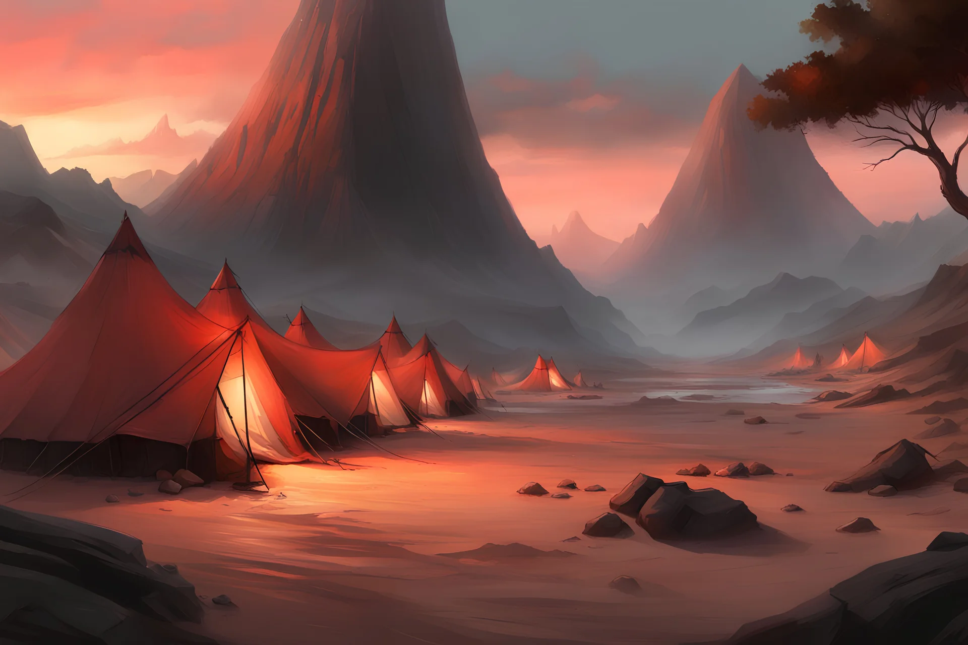 painting, landscape, artistic, illustration, artstation, black desert, black sand, bleak, pale red sky, large bustling camp, tall iron monolith tower, tigtly packed leather tents, vereshagin style