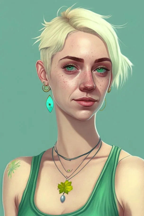 Realistic young woman, short white blonde hair in a half ponytail, pale skin, light blue-grey eyes, freckles, big green earrings, green and gold necklace, green tank-top with blue overalls on top, plant tattoo on arm