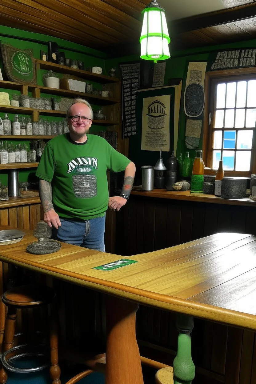 bAn innkeeper is stand up in the middle of tables, in a surfers' pub