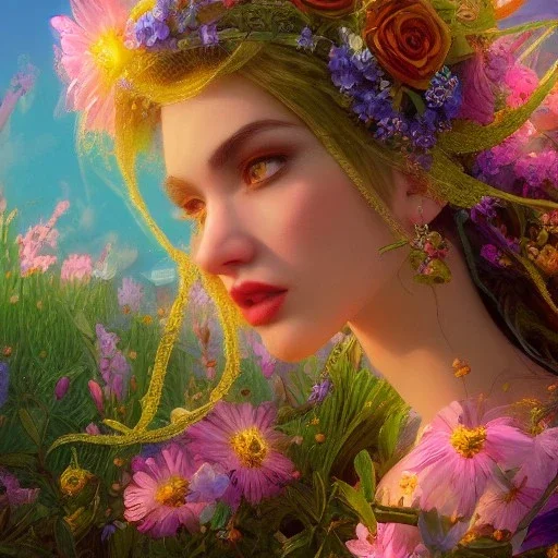  Beautiful and bright goddess of spring,delicate flowers, knees up portrait, fantastical, intricate detail, splash screen, complementary colors, fantasy concept art, 8k resolution, Unreal Engine 5"