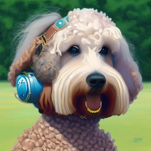 a labradoodle racing in a race car