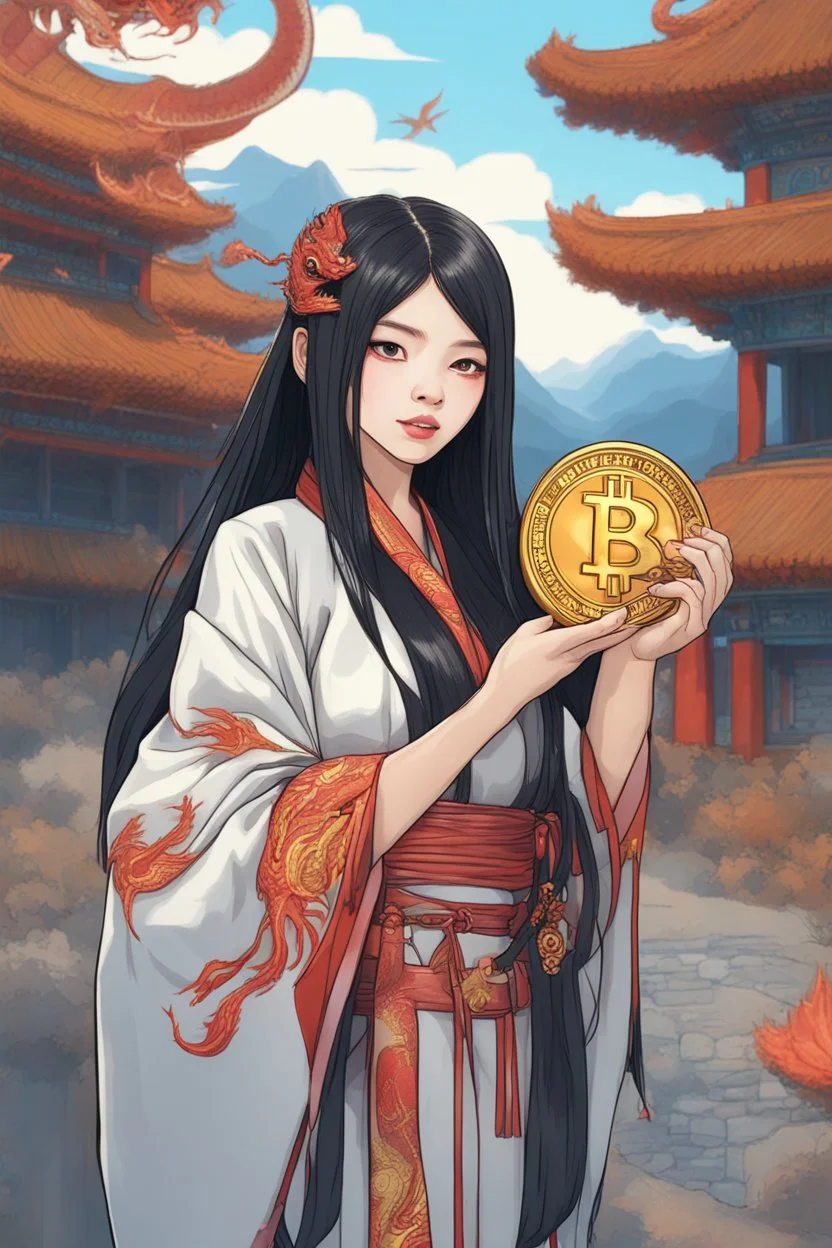 Bitcoin cryptocurrency in the hands of a traditional chinese girl with black long hair, dragon