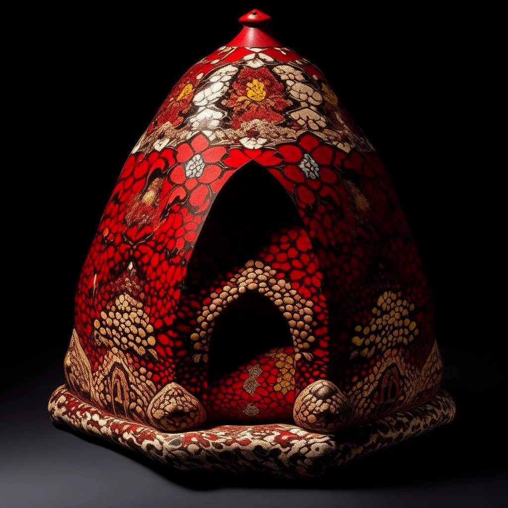 A dark red volcanic vault made out of brimstone designed in Matryoshka dolls painted by Katsushika Hokusai