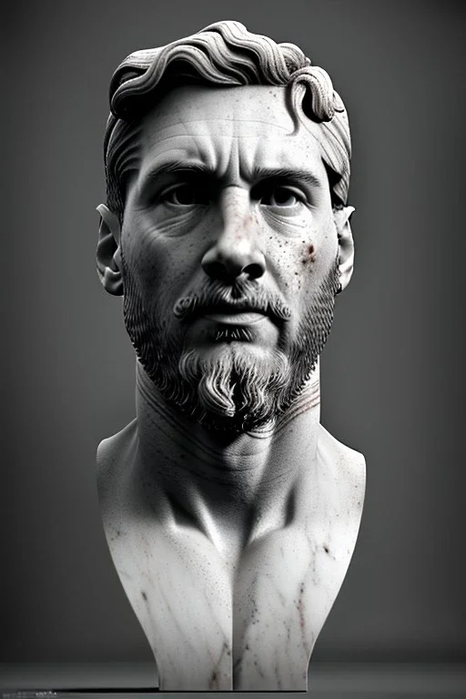 Ultra Realistic image, classical renaissance sculpture, marble material, Lionel Messi, emperor style, chisel style, waist up portrait, epic, celestial, cinematic lighting, God light, god rays, 4k resolution, smooth details, ornate details, soft lighting, unreal engine 5, sky background.