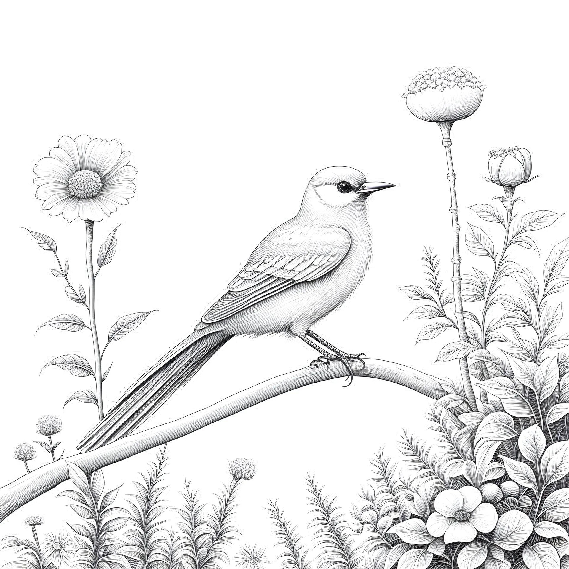 pencil drawing with a white background of a bird in garden