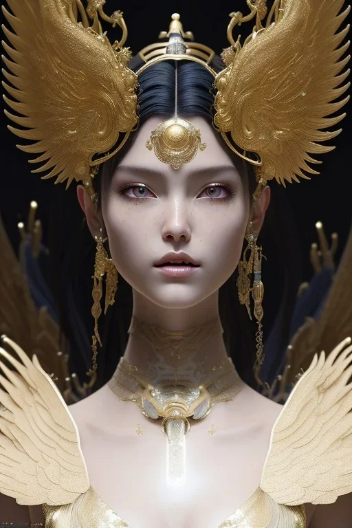 Detailed cosmic horror creature with wings, hair buns, bangs,bodysuit, intricate details, full body portrait, keep head in frame, slight smile, black Japanese motif, concept art, highly detailed, digital painting, concept art, sharp focus, illustration, art by Yoji Shinkawa, WLOP and greg rutkowski and alphonse mucha and artgerm and yanjun Chen and Junji ito and Makoto Shinkai, HDR, octane render