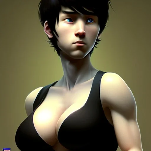 realistic photo of a 23-year-old boyish boylike tomboy, short men's hairstyle, short black hair, boyish face, beautiful women's cleavage, wide hips, big ass, pregnant in a maternity ward