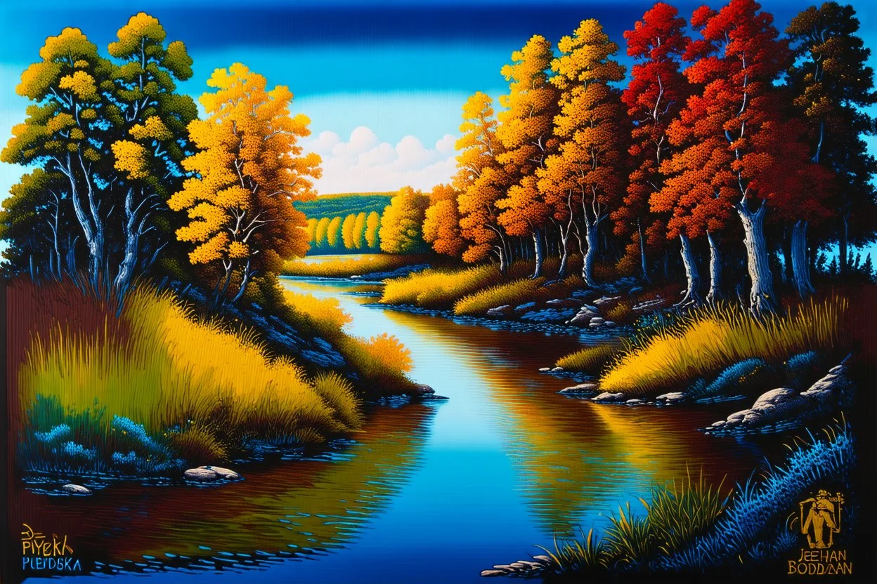 mixed-media picture of a river and trees, created in the style of Bohdan Pylypiv — combining pyrography with delicate watercolor accents. The main outlines and facial features are rendered with fine woodburned lines. Modifiers: highly detailed digital painting elegant masterpiece crisp quality Jacek Yerka dramatic colors highly detailed textures highly detailed highly detailed highly detailed elegant digital painting Crisp and clean digital painting highly detailed Jacek Yerka highly detailed hi