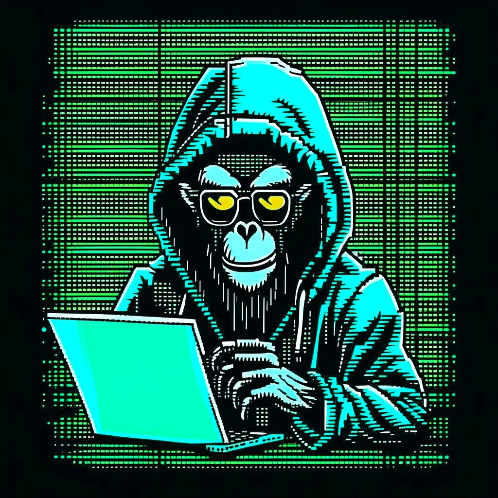 A grinning Monkey sitting in front of a laptop, hacking systems, wearing a hoodie and sunglasses. Matrix in background. Pixel Art. Profile Picture. Avatar. Pixel