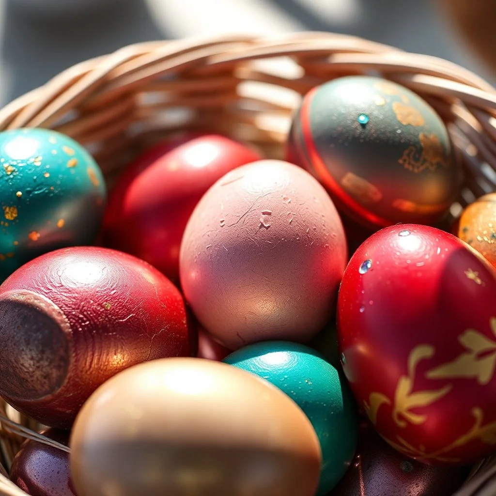 digital photograph of off-center modern basket colorful Easter eggs. eggs display intricate textures in azure, emerald, blush, crimson, sapphire, and gilded metallic hues. cinematic HDR backlighting highlights subtle dimples and glossy reflections, with shallow depth of field softening the sunlit background. hyperrealistic 8k resolution,
