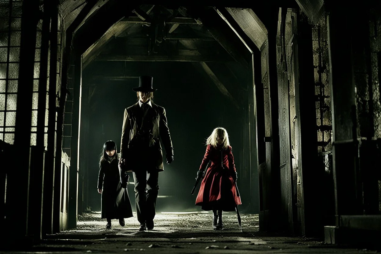 Still frame from the live-action "Hellsing" movie based on the anime of the same name. The scene is of a young Allegra escaping her uncle in the dungeon below the manor.