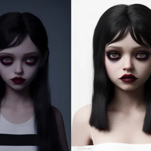 Female Jenna ortega black dress,soft goth libstick, wednesday addams family make up, brad double wig, dramatic lighting, highly detailed, volumetric lighting, unreal engine, 8k