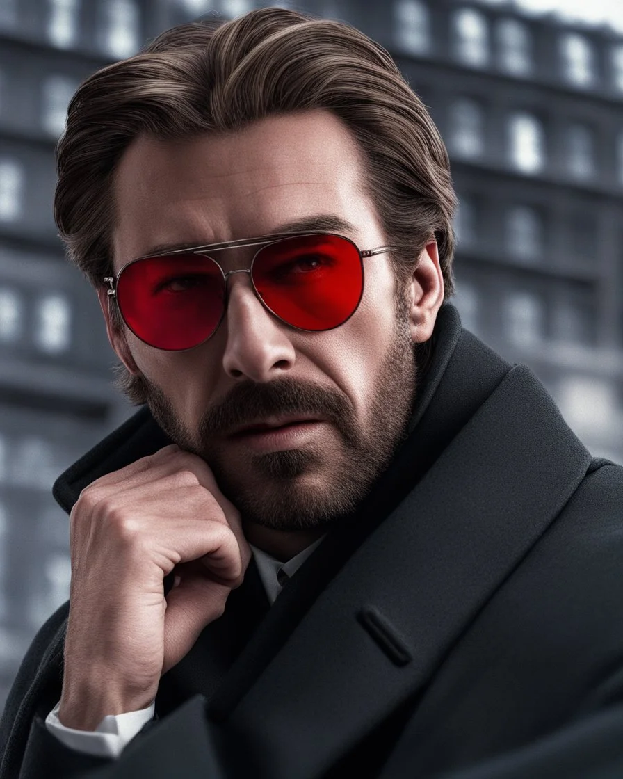 a young man who looks like hans gruber wearing a heavy coat and red sunglasses staring with an irritated look on his face