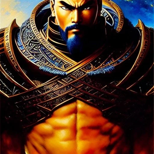 portrait of 'Ryûken-Fist of the North Star',ancient metal armor , painting by gaston bussiere, greg rutkowski, yoji shinkawa, yoshitaka amano, tsutomu nihei, donato giancola, tim hildebrandt, oil on canvas, cinematic composition, extreme detail,fit full head inside picture,16k