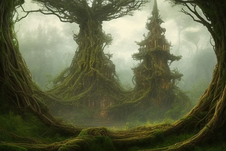 a beautiful and highly detailed matte painting of a wooden elven temple in a magical fantasy garden in a lush forest, celtic knots, ancient runes, knotted trees, tangled vines, intricate details, epic scale, insanely complex, 8k, sharp focus, hyperrealism, very realistic, by caspar friedrich, albert bierstadt, james gurney, brian froud