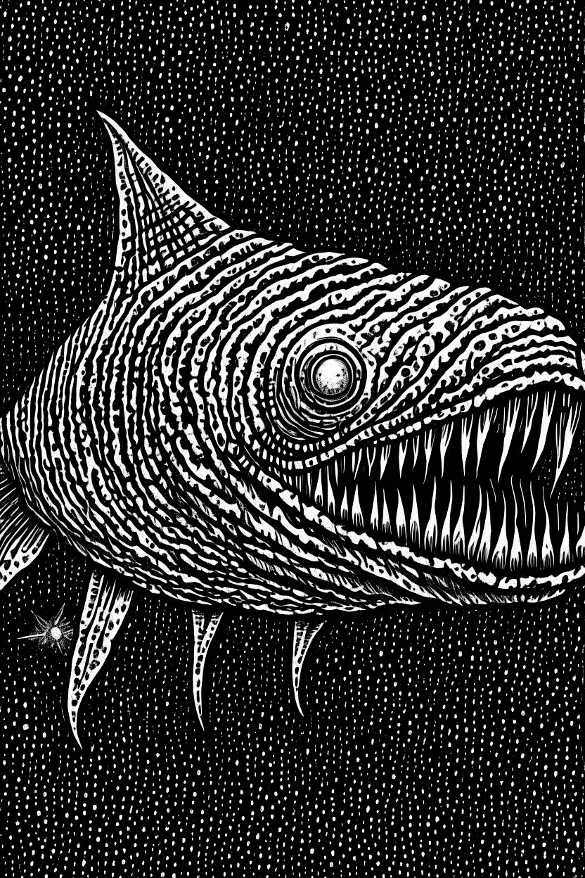 Moth / shark hybrid in the style of "Berserk" manga. B/w.