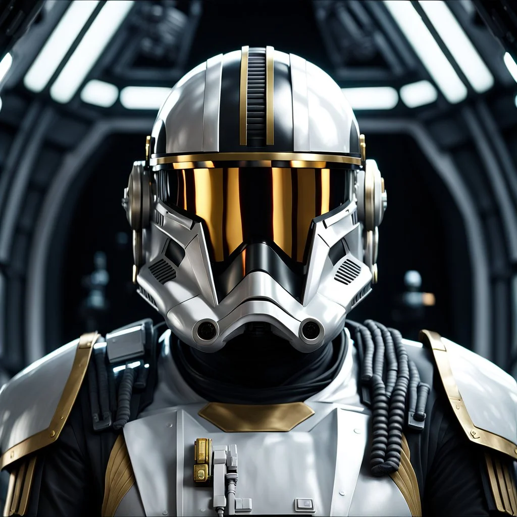 star wars bald male corellian pilot wearing gunmetal grey and black First Order special forces TIE pilot armored flightsuit and helmet with gold trim inside the jedi temple, centered head and shoulders portrait, hyperdetailed, dynamic lighting, hyperdetailed background, 8k resolution, volumetric lighting, light skin, fully symmetric details