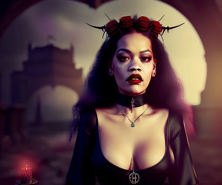 Rita ora, 1800s, vampire, fangs, long curly black hair, choker, pentagram, black rose, Victorian dress, headdress, blood, castle