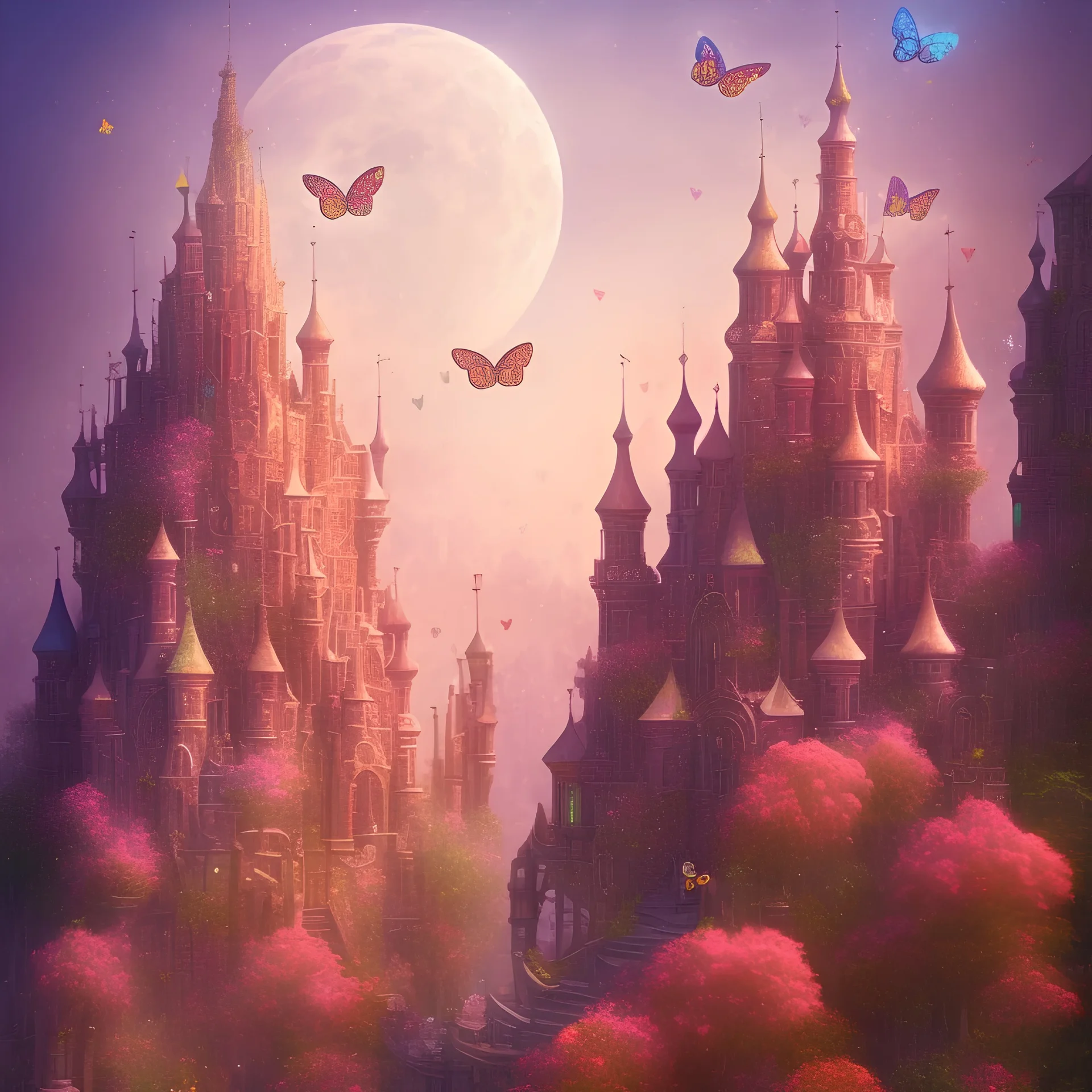 psychedelic giant roses and tiny flying butterflies and antic city in the background 3D mystic ambiance