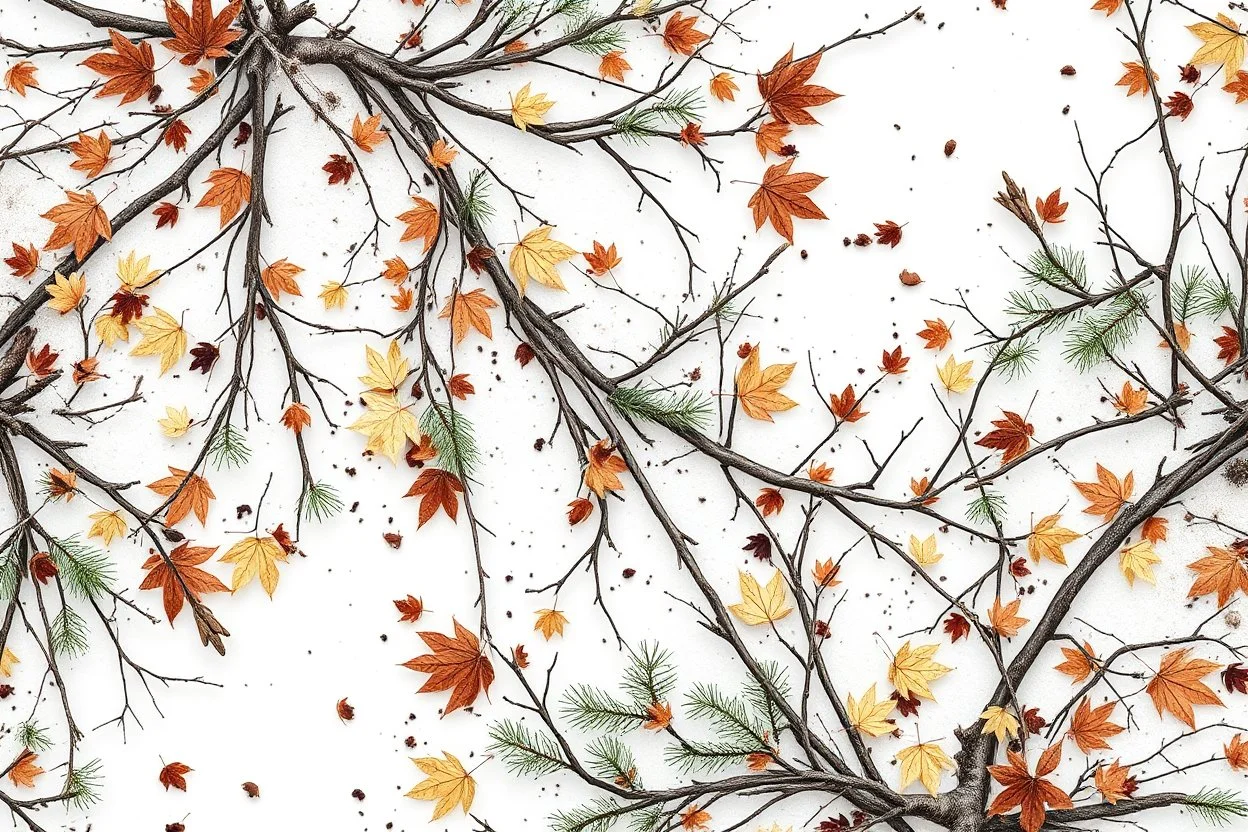 detailed Real Tree Camouflage made of bare branches, fir branches, dried maple leaves, snow and dirt, white background, seamless repeatable texture camo pattern, muted color