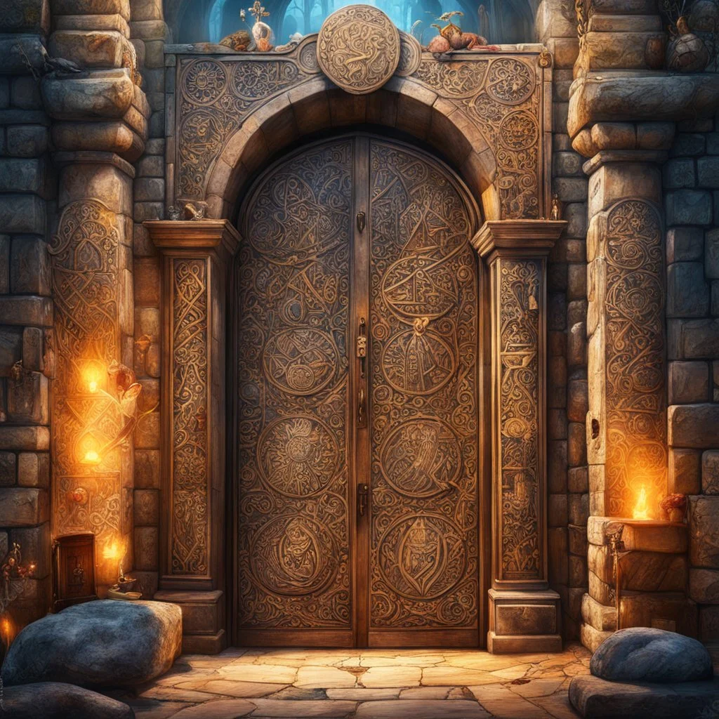 Massive stone door with lots of engraved magical symbols that is the entrance to a hidden magical market. Magical smoke. Harry Potter. Magical. Epic. Dramatic, highly detailed, digital painting, masterpiece