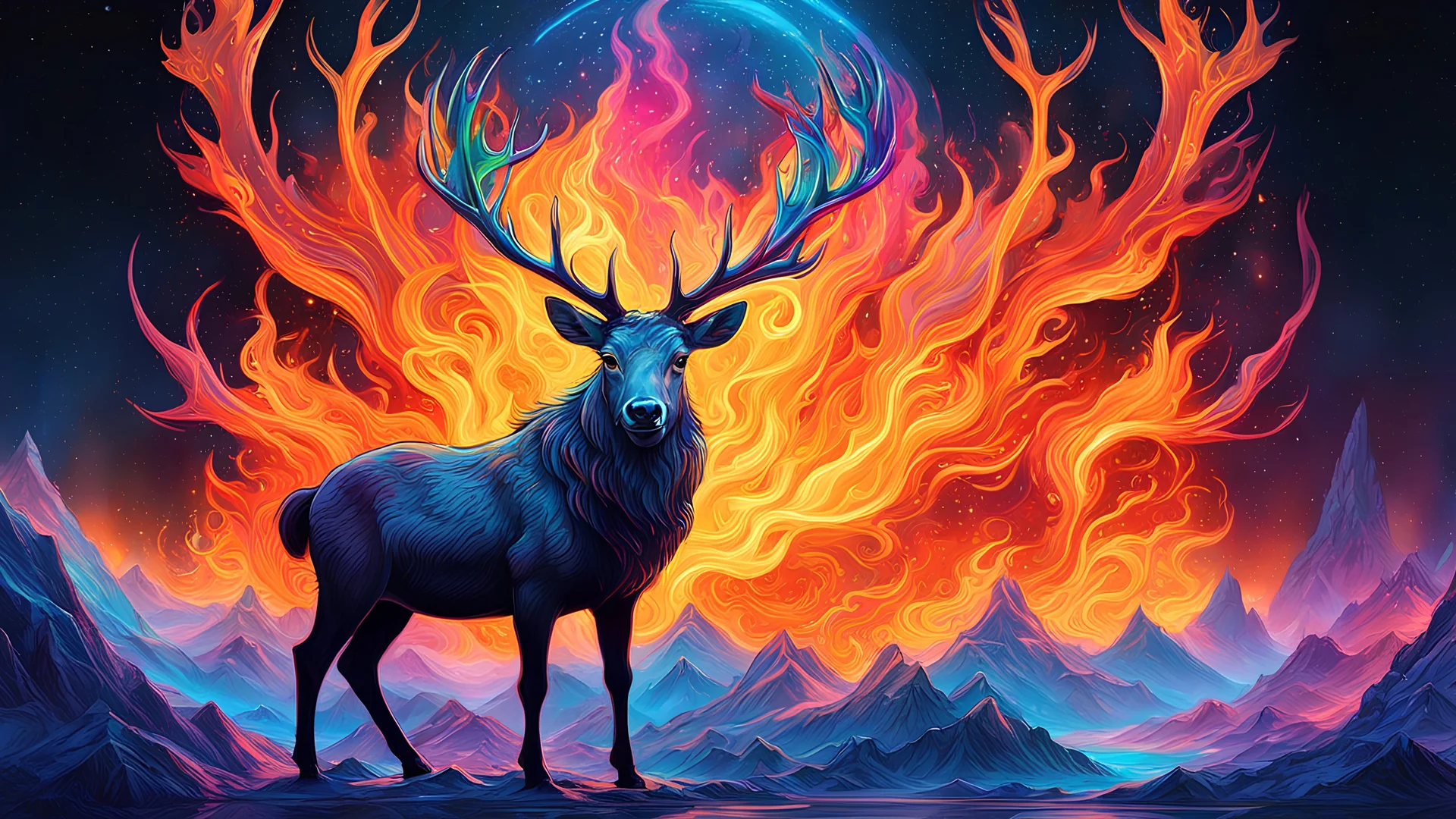 a majestic neon coloured Reindeer with massive antlers rising from flames, hyperdetailed intricately detailed Splash art trending on Artstation Alphonse Mucha, Claude Monet WLOP storybook illustration galactic fantastical space acrylic pou, intricate details, HDR, beautifully shot, hyperrealistic, sharp focus, 64 megapixels, perfect composition, high contrast, cinematic, atmospheric, moody