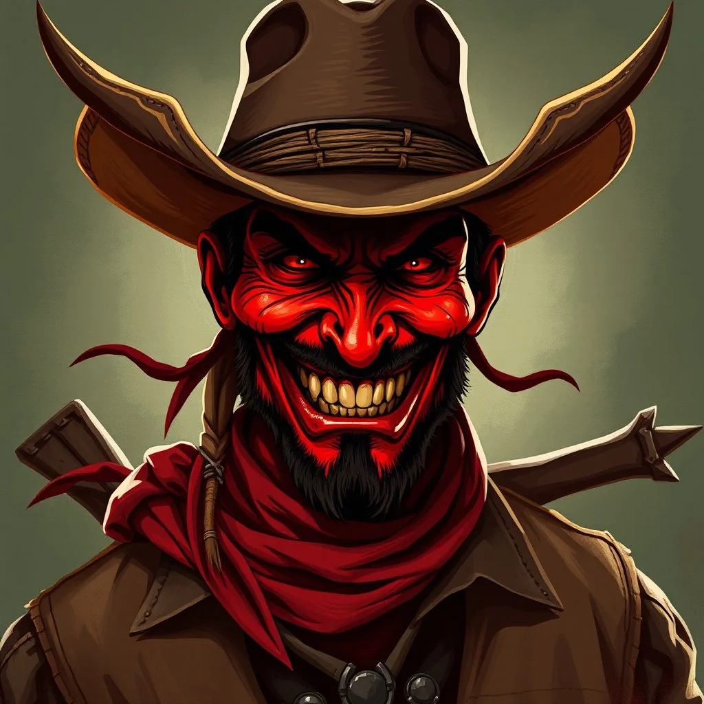 Evil wild west red skinned bandit smiling