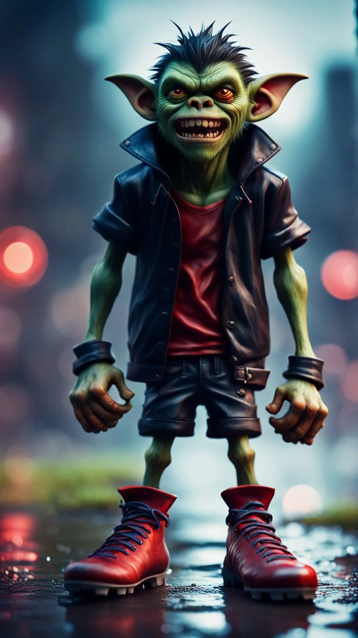 full figure portrait of a vampire werewolf goblin gremlin with soccer boots on wet asphault, in the style of Gorillaz,bokeh like f/0.8, tilt-shift lens 8k, high detail, smooth render, down-light, unreal engine, prize winning