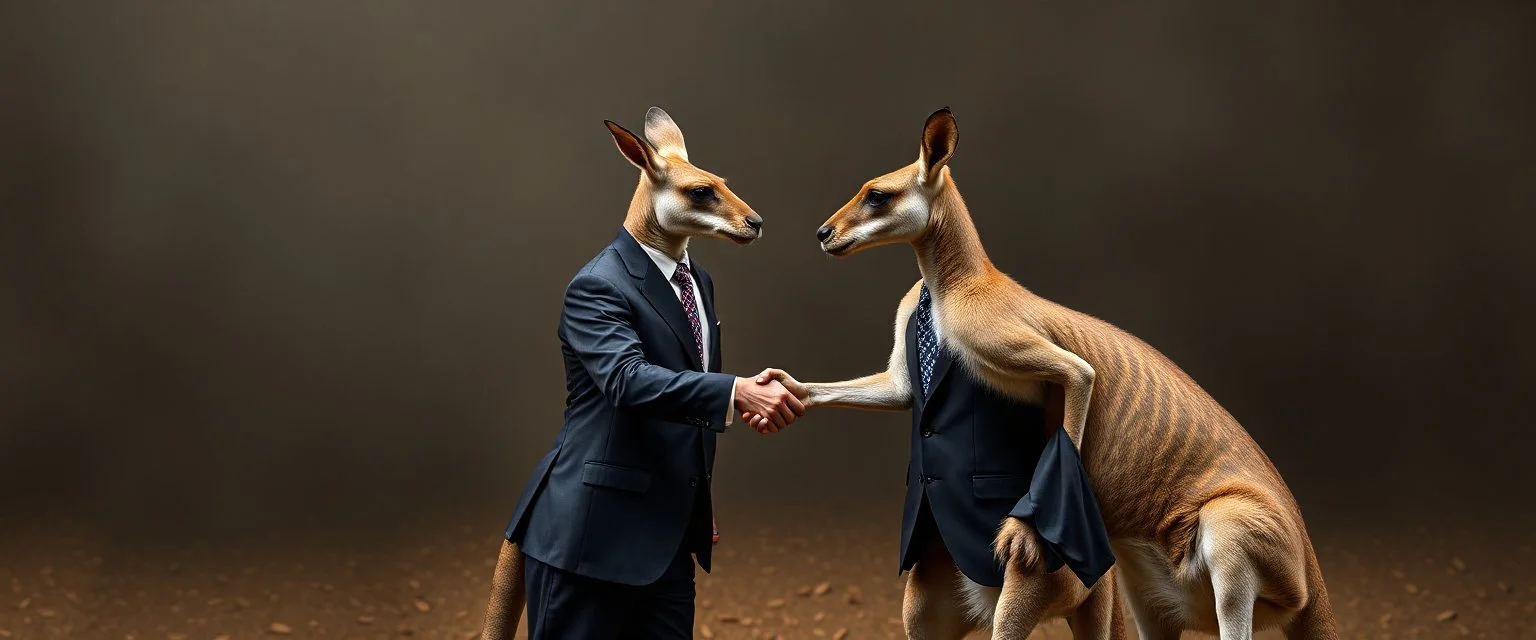 kangaroos in suits shaking hands