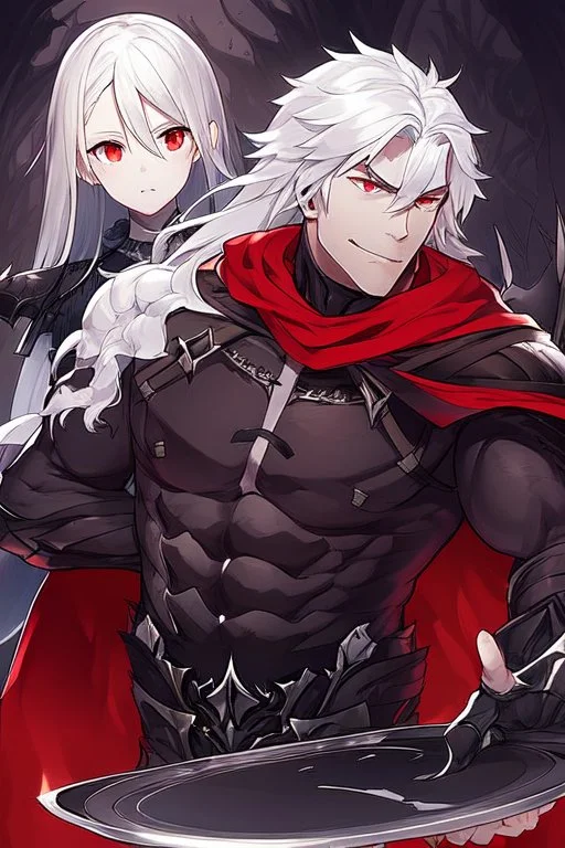 Vampire knight, muscular young man with long white hair, wearing black gothic full plate armor with red cape, cyan eyes