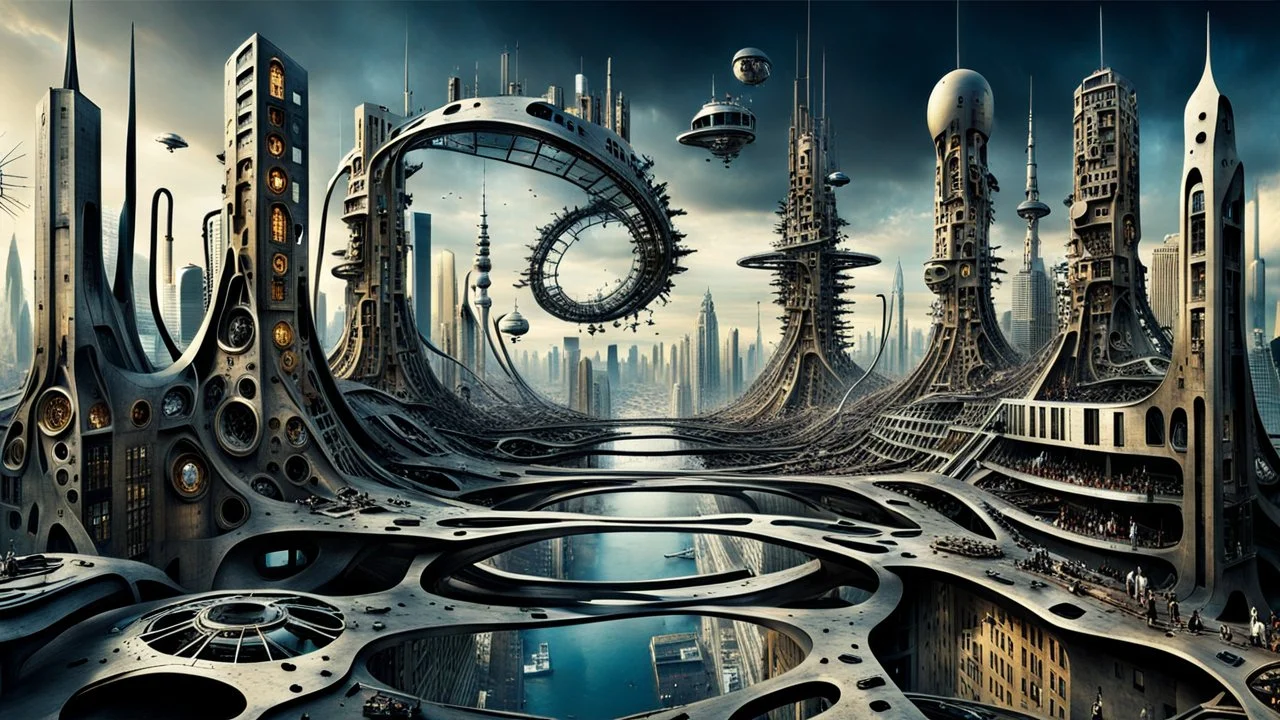 a stunningly weird image of a futuristic metropolis using Salvador Dali's paranoiac-critical method, where buildings and structures appear to melt into the skyline cityscape is filled with floating mad, twisted sharp metal shapes that interact with the buildings and each other, forming a surreal tableau of a dreamlike reality. neu-steampunk vibe, essence of the scene in a cinematic manner, with dramatic shadows that enhance the distorted perspectives and bizarre