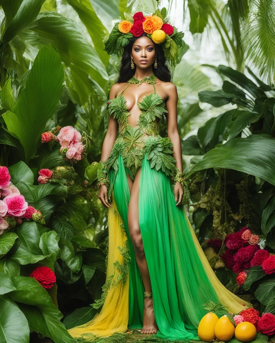 📷🍓💃 length image full body sweet pose pretty woman super model wearing a beautiful high details natural beuty color unique queen costume made of full elements varieties tropical fruits,full of green leaves and variaties roses,orchids flowers jungles background