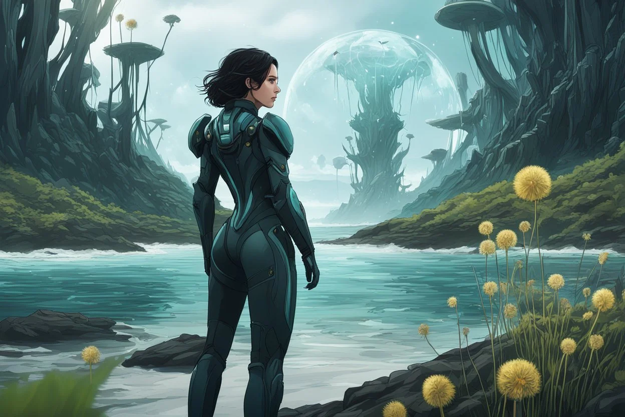 young woman in an android suit with dark hair, standing on the shore of an alien sea. Floating forests with dandelion tops in the distance