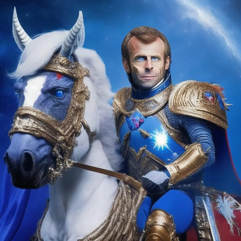 portrait President Macron as a space barbarian horse-person