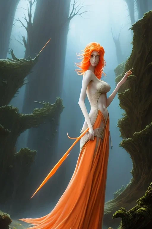 painting of a tall elven young woman with short light orange hair and freckles on the cheak bones and tall body of a topmodel light clothes, long shot, ultra realistic, concept art, intricate details, eerie, highly detailed, photorealistic, octane render, 8 k, unreal engine. art by artgerm and greg rutkowski and charlie bowater and magali villeneuve and alphonse mucha