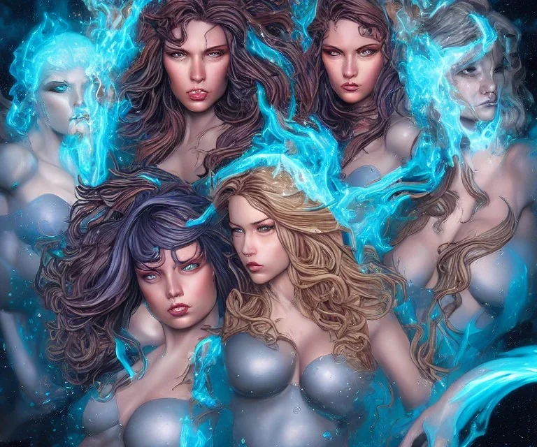 Four doll divine representing each, one of each of the elements of the four elements: Fire: Earth: Air: Water. Four female figures. Mark Brooks and Dan Mumford, comic book art, perfect, smooth elemental galactic space core. Detailed photograph, WLOP, Unreal Engine 5 volumetric lighting. Insanely intricate face, soft hair, hyper detailed painting by Ismail Inceoglu Huang Guangjian and Dan Witz Central fantasy art album cover art resolution HD