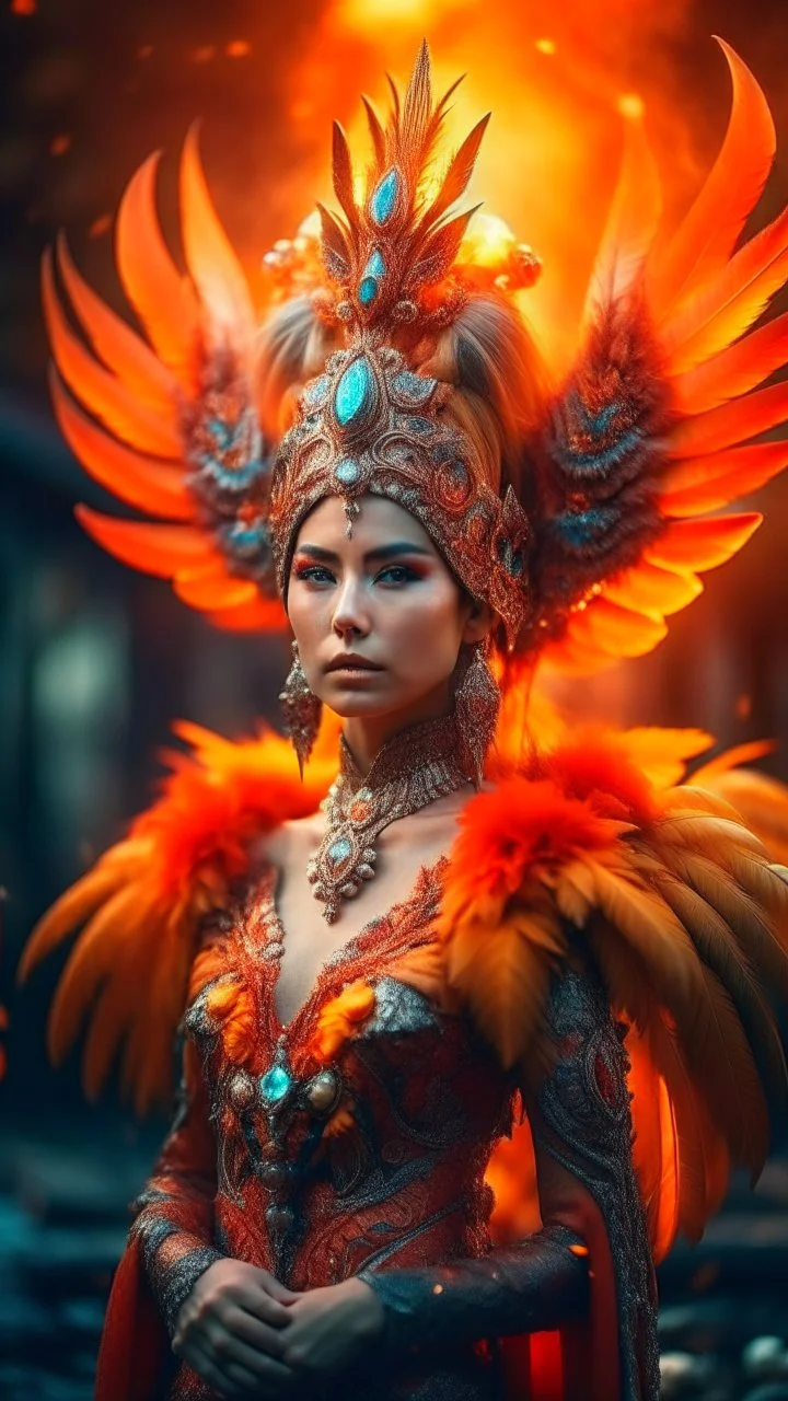 half body wide angle RAW photo, fire queen queen wearing luxurious and ornate clothing, fully covered, opals and floral embellishments, fractal wing texture, winter landscape in the background, beautiful women indonesia face, high detailed skin, phoenix, fire, 8k uhd, dslr, soft lighting, high quality, film grain