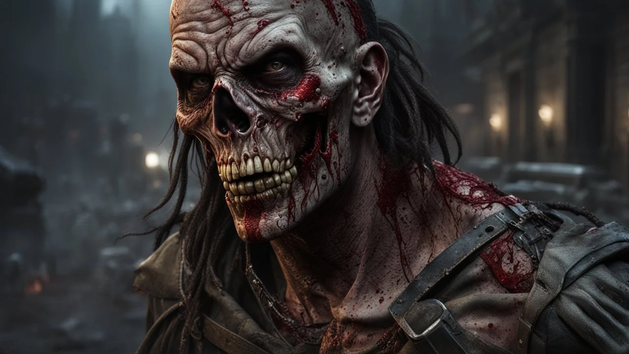 a rotting zombie warrior. carnage in a city. black mist in the eyes. armor fused to the skin. blood. broken bones. bleeding eyes. broken fangs. broken jaws. broken armor. gloves.intense horror. blind terror. scared to death. a masterpiece, fantasy concept art, dynamic lighting, hyperdetailed, intricately detailed, deep color, Unreal Engine, volumetric lighting, Epic cinematic brilliant stunning intricate meticulously detailed dramatic atmospheric maximalist digital matte painting