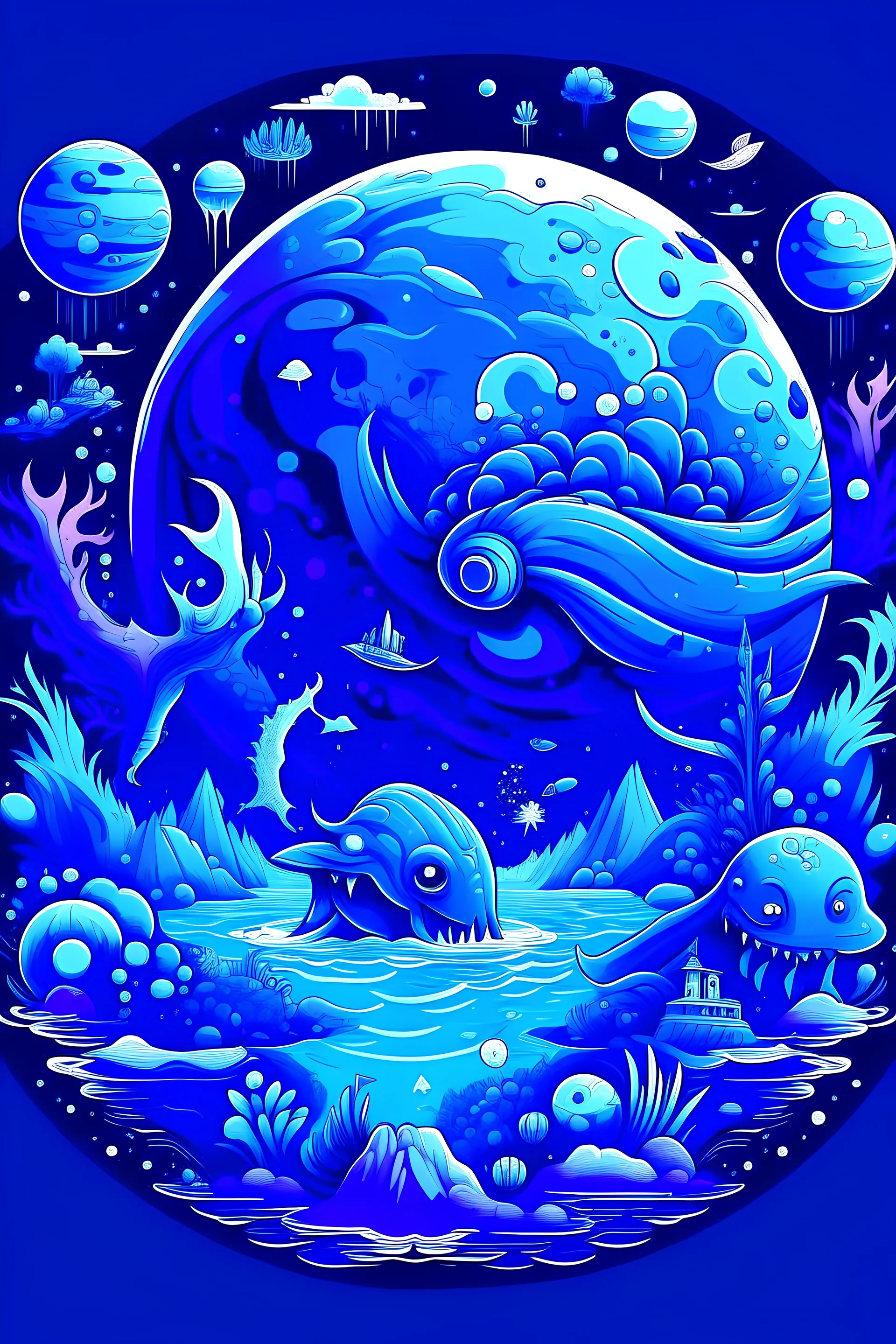 Blue water planet with monsters