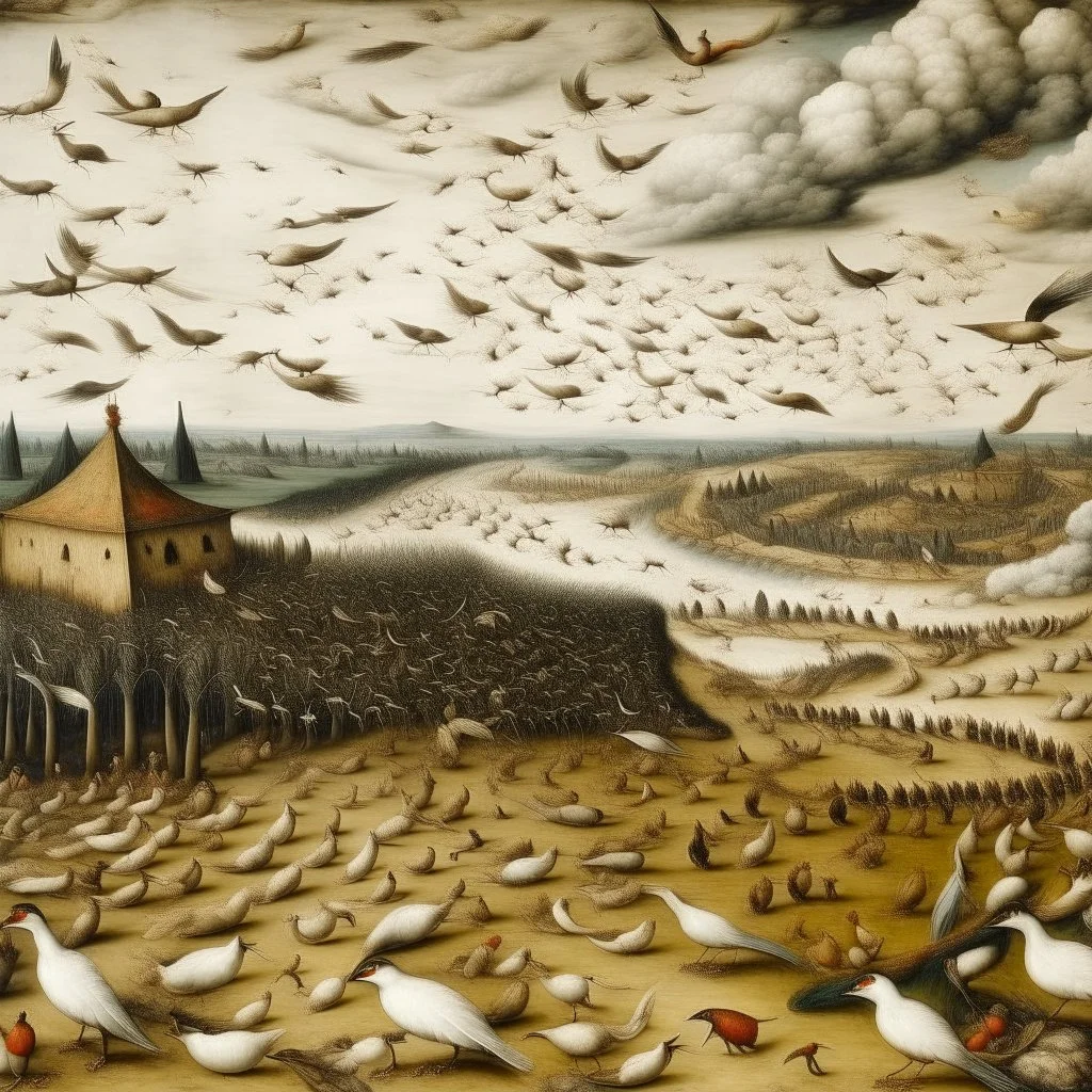 A white sky with birds and a tornado painted by Pieter Bruegel the Elder