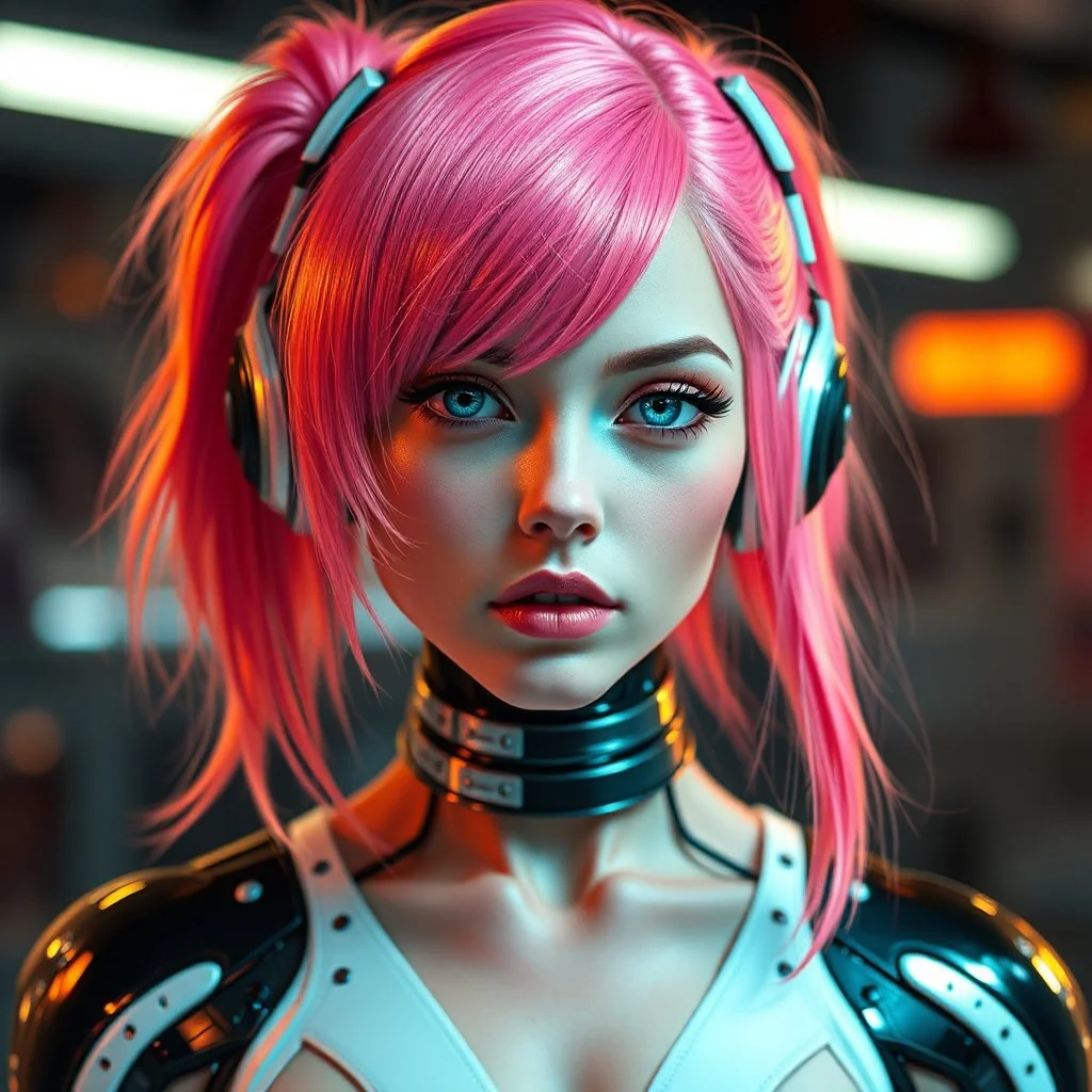 a pretty cyberpunk girl, cyborg, bright hair, futuristic